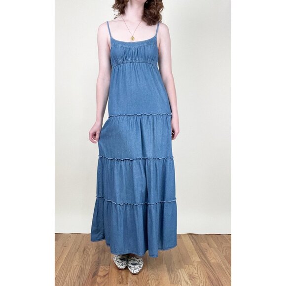 Vintage Tiered Maxi Denim Jean Dress Boho Coastal Cowgirl Western Bohemian Beach - Picture 2 of 9